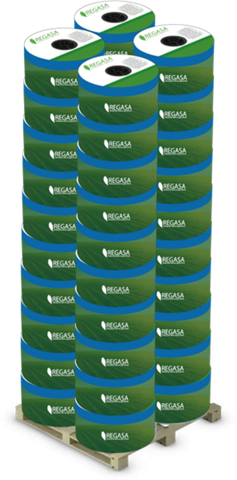 REGASA drip tape rolls stacked on a pallet, minimum order one pallet