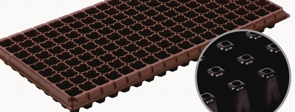Fibroot seedling tray with root-pruning cells, front view and back detail